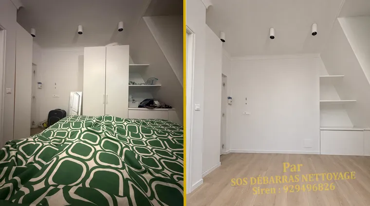 Débarras avant/après d’une chambre sous combles à Chelles : lit, armoire et affaires évacués, pièce entièrement vidée sur parquet clair