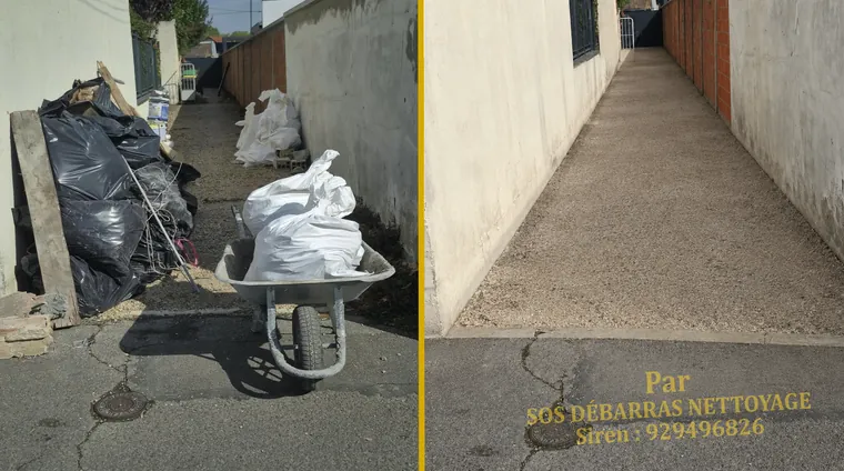 Débarras avant/après d’un passage latéral de maison à Chelles : sacs de gravats, sacs noirs et brouette évacués, passage nettoyé sur toute sa longueur