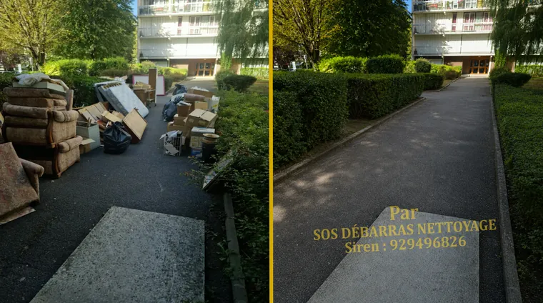 Débarras avant/après dans une allée de résidence à Draveil : canapé, fauteuils et cartons empilés entre les haies, puis allée libre jusqu’au bâtiment