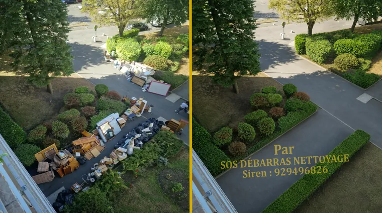 Débarras avant/après vu d’un étage sur la cour intérieure d’une résidence de Draveil : gros lot de meubles, cartons et sacs le long du massif, cour rendue nette