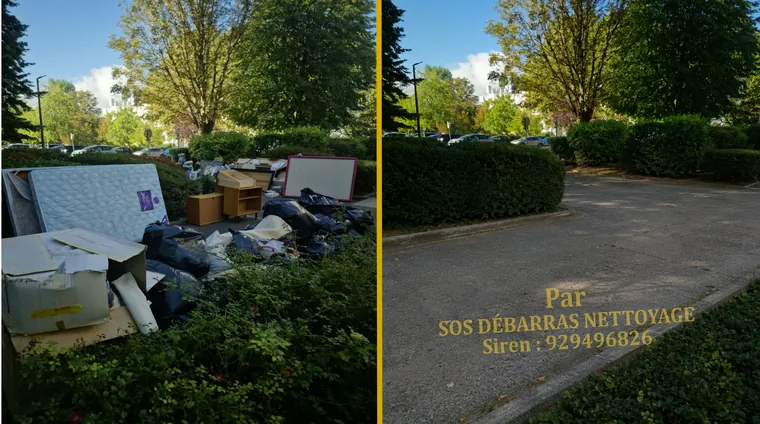 Débarras avant/après sur le parking arboré d’une résidence de Draveil : matelas, cartons, sacs et meuble retirés du massif, allée et haies dégagées