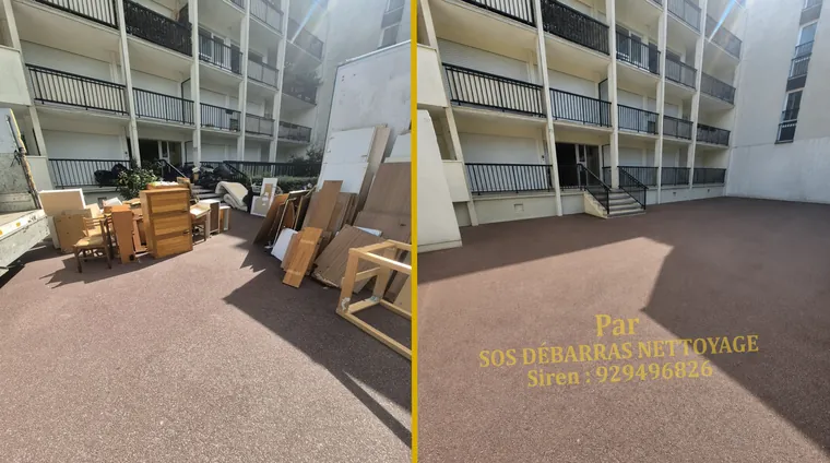 Débarras avant/après au pied d’un immeuble à Draveil : commodes, chaises, portes de placard et panneaux de bois évacués, cour rendue entièrement nette