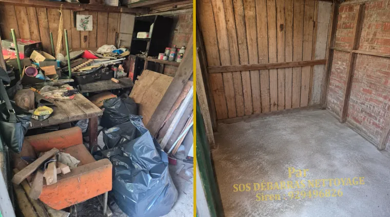 Débarras avant/après d'un cabanon d'atelier à Montrouge : établi, outils, planches et sacs évacués, cabanon en bois entièrement dégagé