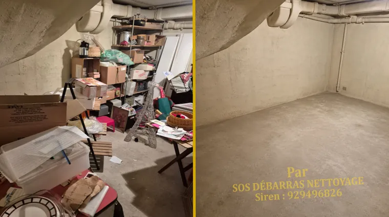 Débarras avant/après d'une cave d'immeuble à Montrouge : cartons, étagères et affaires accumulés sous la voûte évacués, cave entièrement vidée