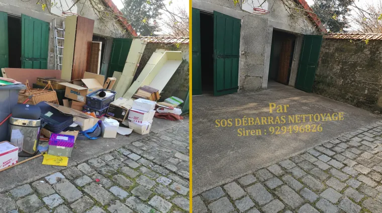 Débarras avant/après d'une cour pavée à Montrouge : cartons, valises et poubelles entassés devant les dépendances évacués, cour entièrement dégagée