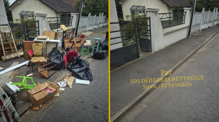 Débarras avant/après devant un pavillon à Montrouge : fauteuil, chaises, meubles et sacs posés sur le trottoir évacués, entrée et trottoir dégagés