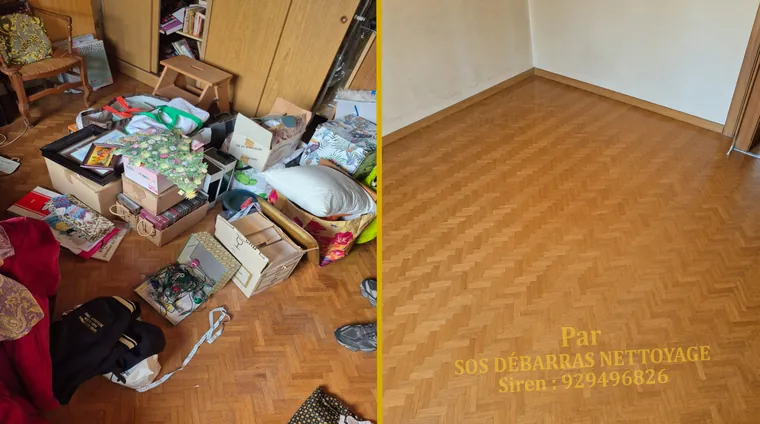 Débarras avant/après d'une pièce à Montrouge : cartons, linge et objets entassés sur le parquet à chevrons évacués, pièce vidée et parquet entièrement dégagé