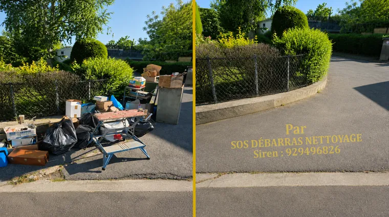 Encombrants avant/après sur un trottoir à Montrouge : table pliante, cartons et sacs déposés le long de la haie évacués, trottoir entièrement dégagé