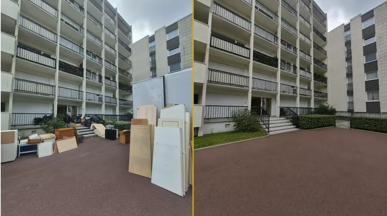 Débarras avant/après dans la cour d’une résidence collective de Vélizy-Villacoublay : portes de placard, canapés et mobilier entassés le long de la façade, cour rendue nette