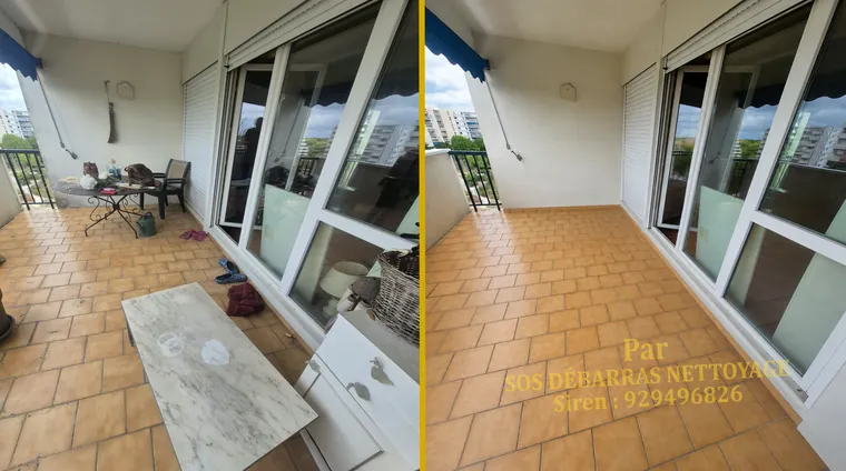 Débarras avant/après d’une loggia carrelée à Vélizy-Villacoublay : table de jardin, plateau de marbre et meuble bas évacués, terrasse balayée sous le store banne