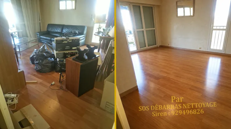 Débarras avant/après du séjour d’un appartement à Vélizy-Villacoublay : canapé, meuble hi-fi, sacs et cartons évacués, parquet stratifié dégagé jusqu’à la baie vitrée du balcon