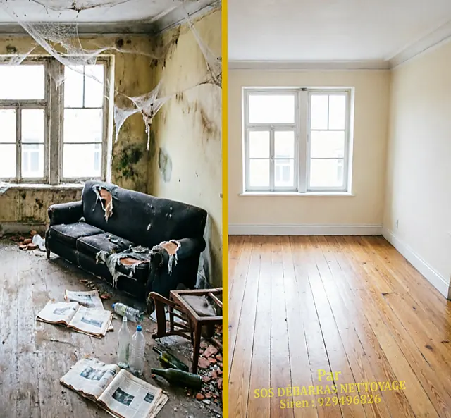 Avant / après d'un logement laissé à l'abandon dans un immeuble ancien : détritus et moisissures à gauche, pièce vidée à droite